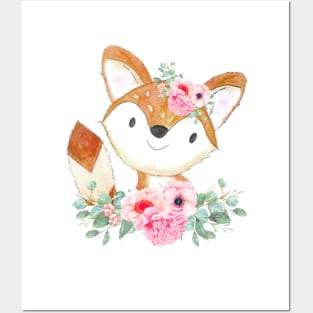 Fox girl with pink flowers Posters and Art